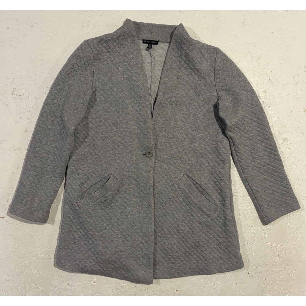 Eileen Fisher Quilted Jersey Stand Collar Gray Womens‎ Small Button Comfort